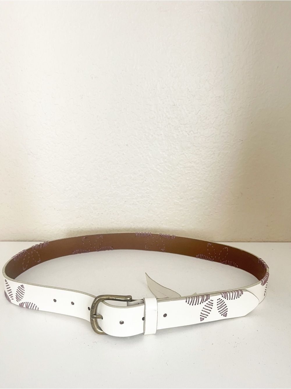 Free People Swift Haze floral Embroidered Belt white leather purple stitching - Picture 6 of 10